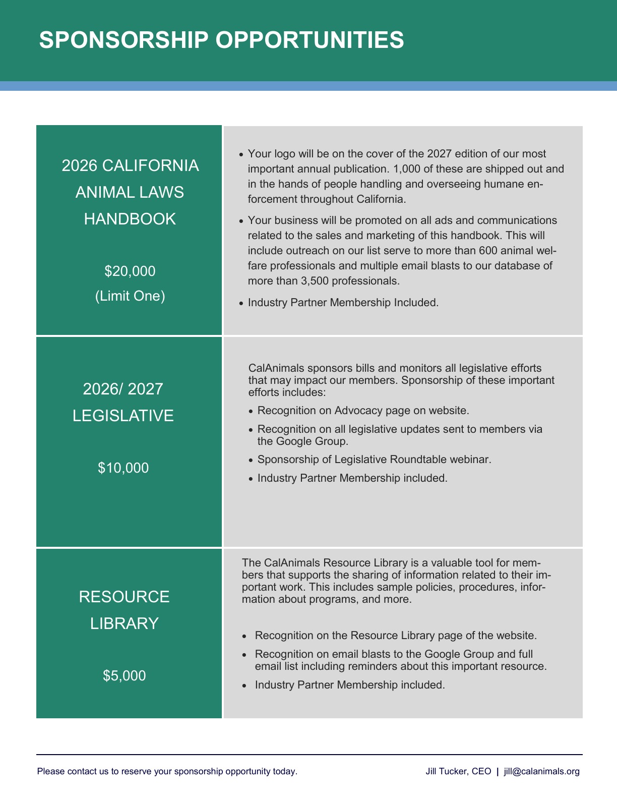 Original CalAnimals sponsorship prospectus, page 6