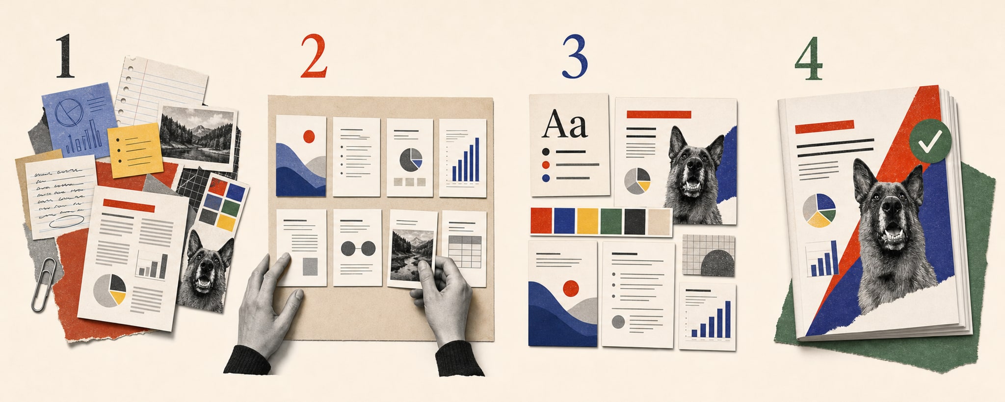 Four-stage document design process: gather source material, structure the story, design the system, and deliver the finished PDF